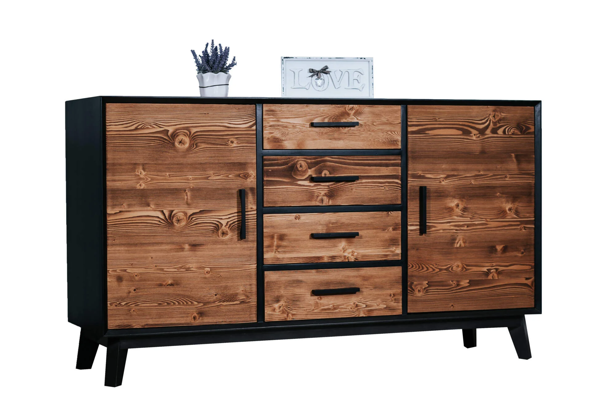 BAHUT 3 TIROIRS 2 PORTES PIN MASSIF BROSSE STRUCTURE EN MDF NOIR 146 X 45 X 85CM